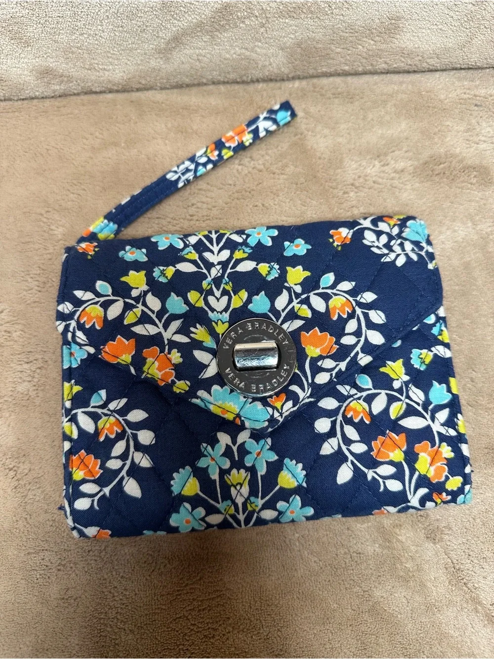 Vera Bradley Navy Floral Quilted Wristlet Clutch with Blue & Orange Accents - Picture 10 of 11